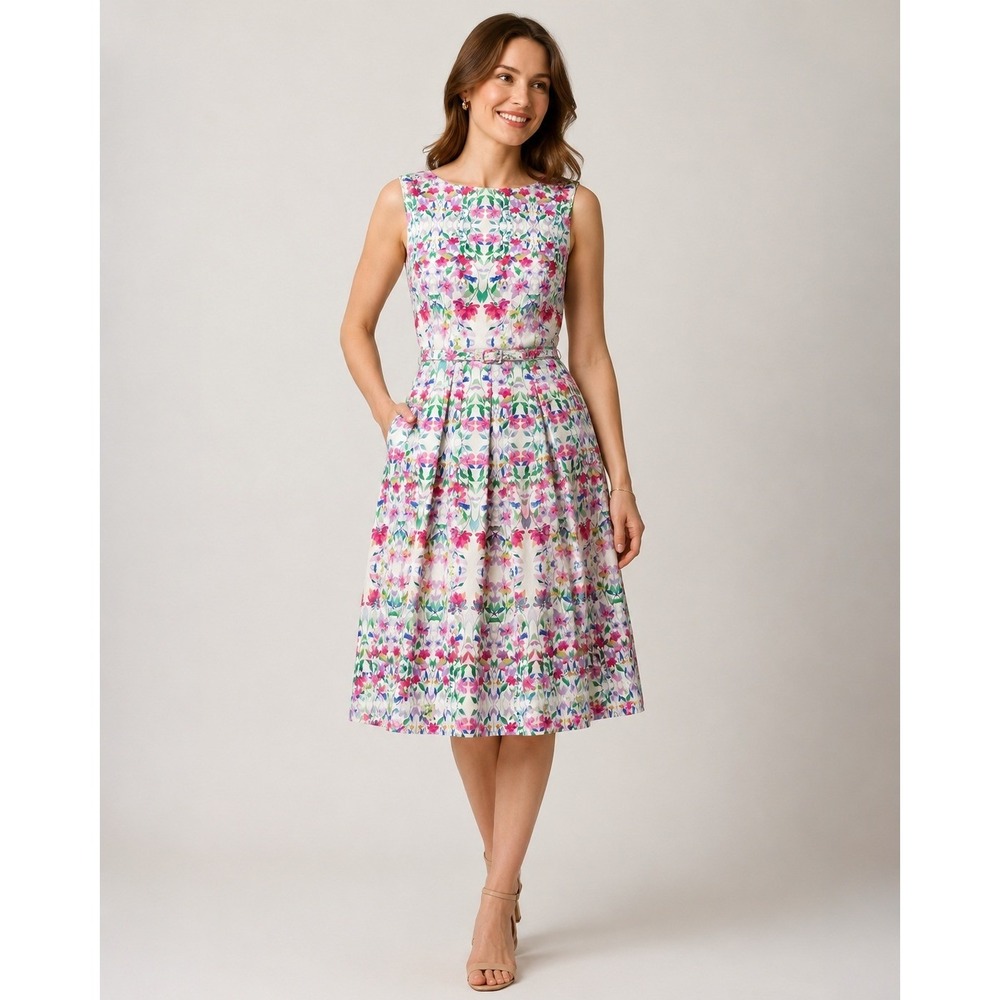Talbots Floral Sleeveless Belted Fit and Flare Midi Dress Multi Color Size 10